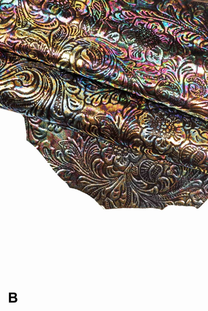 HOLOGRAPHIC floral embossed leather hide, charro flower print on metallic cowhide, soft sparkle calfskin B13753-MT(st)