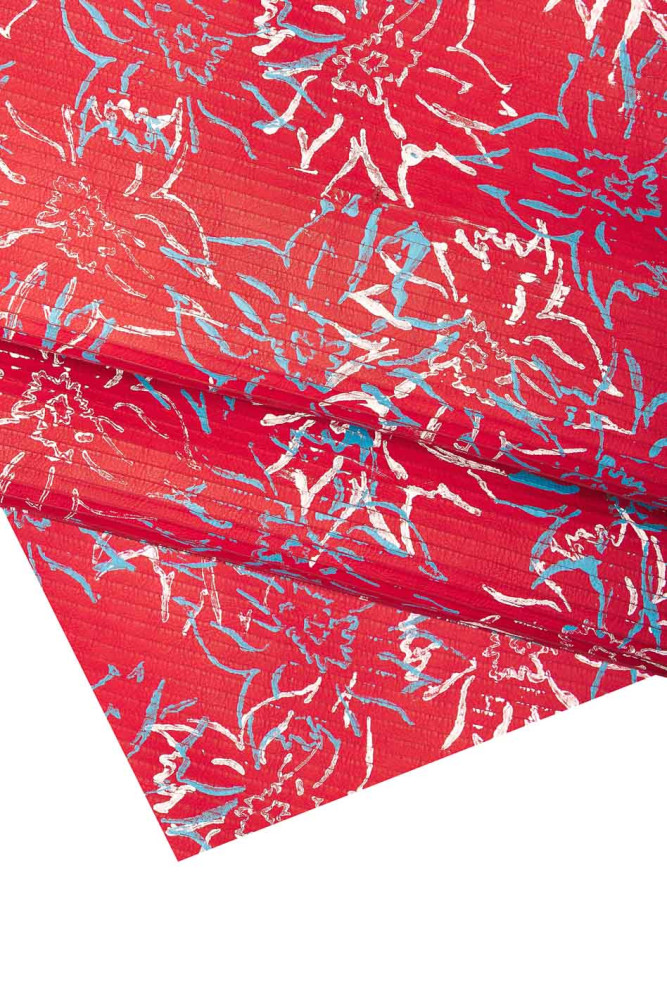 White, light blue FLORAL texture on red calfskin, STRIPED leather hide with flower print, sporty soft skin