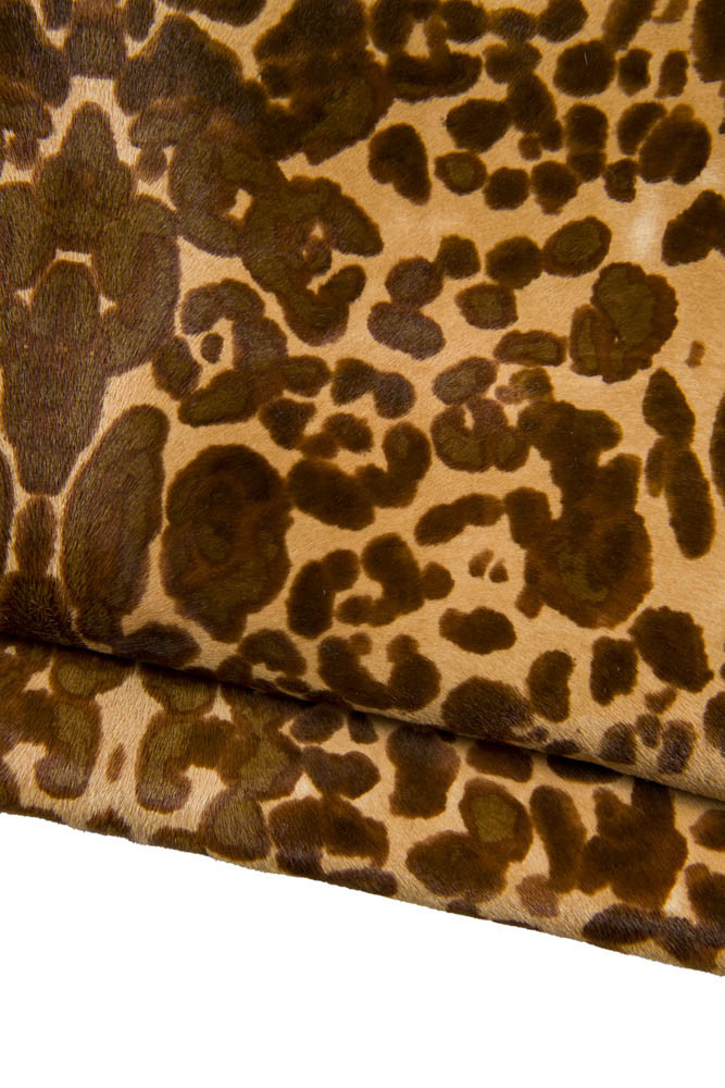 Beige LEOPARD textured hair on leather hide, italian pony calfskin with animal print, luxurious material for DIY projects