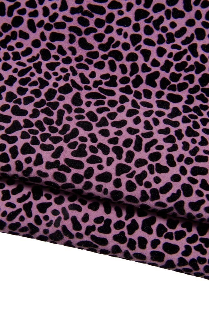 Aniaml PRINTED leather skin, purpleblack leopard textured goatskin, flock pattern on soft hide, ideal for crafting