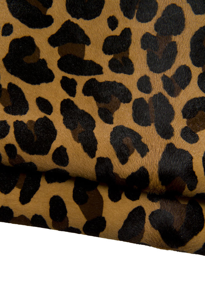 BROWN leopard printed hair on leather hide, animal textured on hairy cowhide, pony calfskin for hobbyists