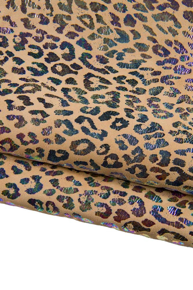 Holographic LEOPARD leather skin, multicolor metallic cheetah print on white suede goatskin