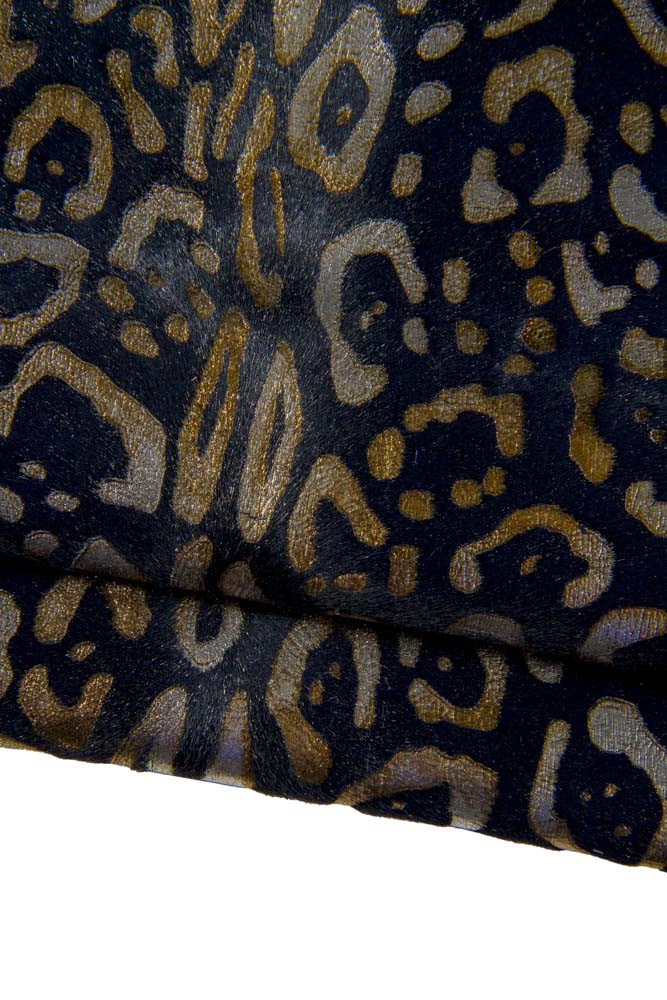 LEOPARD textured hair on leather hide, silver gold animal texture on black pony calfskin, luxurious cowhide