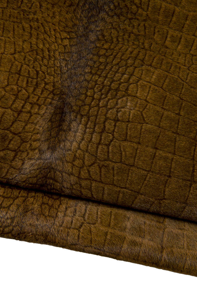 Brown CROCODILE textured hair on leather hide, animal croc printed aged hairy cowhide