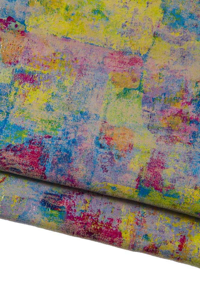 COLORFUL stroke painting on leather skin, suede goatskin with colorful print soft material for crafters