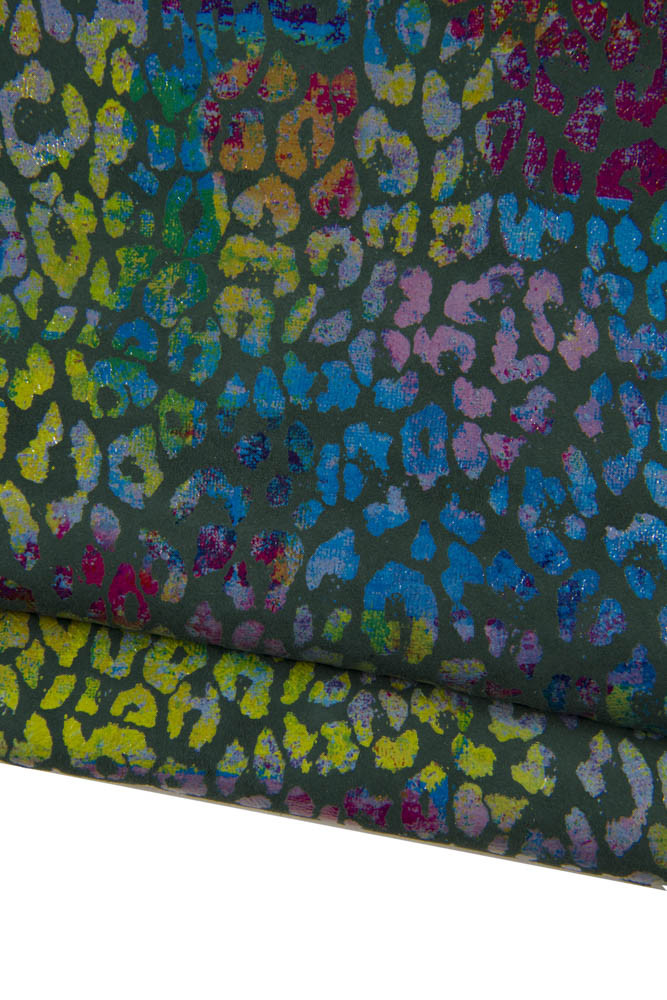 MULTICOLOR leopard texture on dark green, suede goatskin, colorful cheetah printed skin for DIY projects