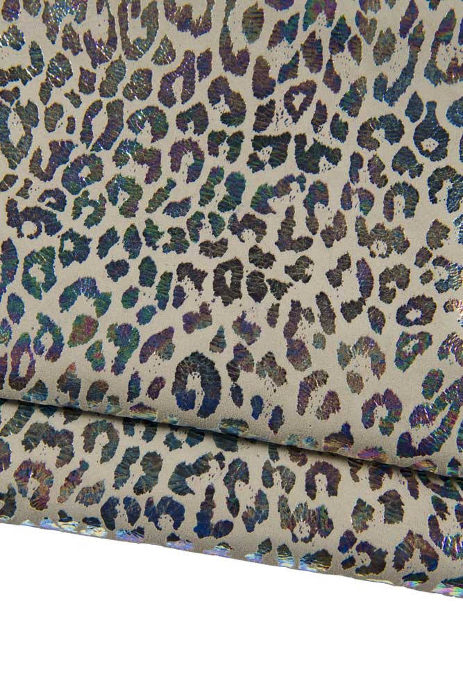 HOLOGRAPHCI leopard textured leather skin, iridescent metallic multicolor cheetah print on grey suede goatskin