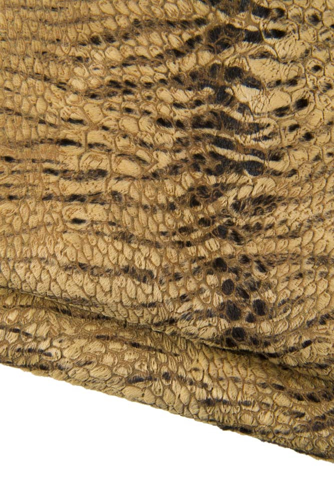 Hair on LEATHER hide, crocodile embossed zebra textured pony calfskin beige brown animal printed cowhide