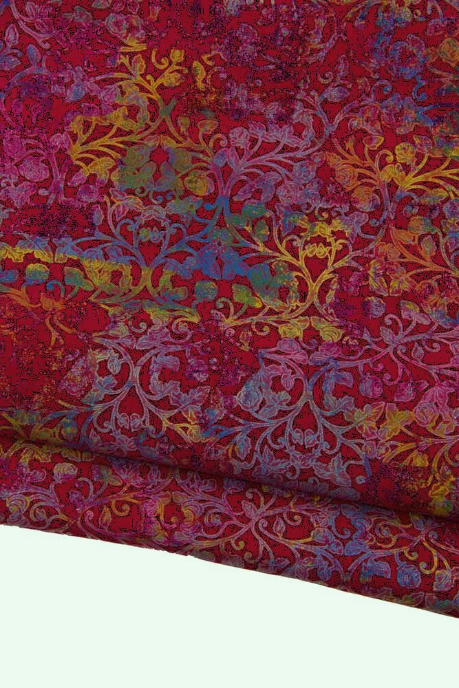 Blue yellow FLORAL print on red suede leather skin, soft suede goatskin with aged distressed flower texture