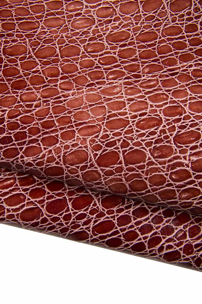 Burgundy red CROCODILE embossed cowhide leather, glossy stiff calfskin vintage AGED hide