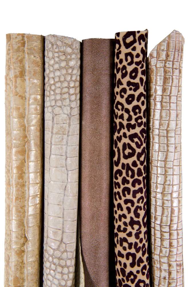 5 PIECES assorted animal printed leather scraps, crocodile, ray, leopard textured leather hide pieces in beige brown tone