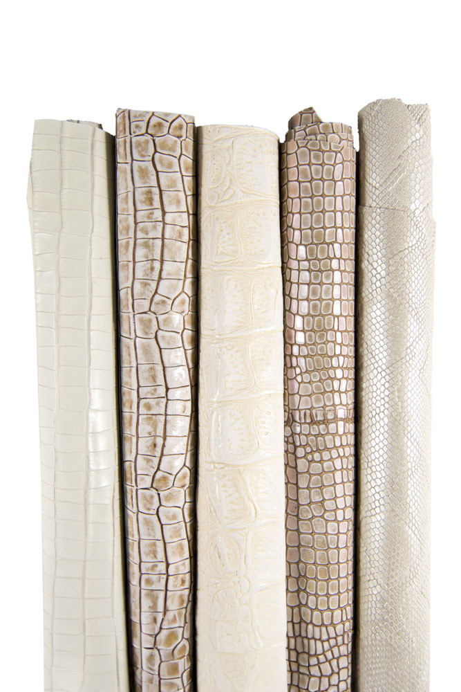 Luxury LEATHER boundle, 5 pieces leather pack in white and beige crocodile and python printed hides for crafting as per picture