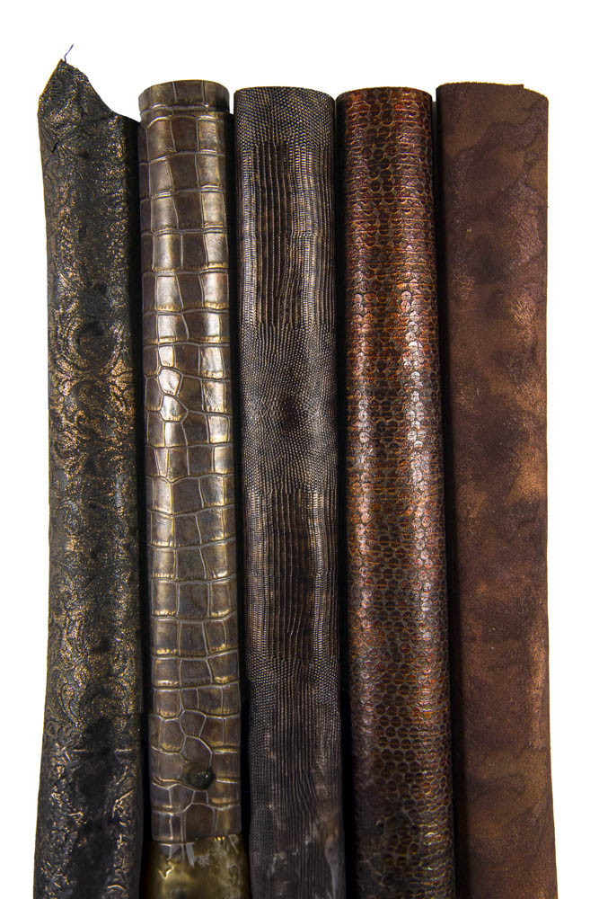 PREMIUM set of 5 brown and black leather hides, assorted unique leather pieces in various prints and patters for crafting