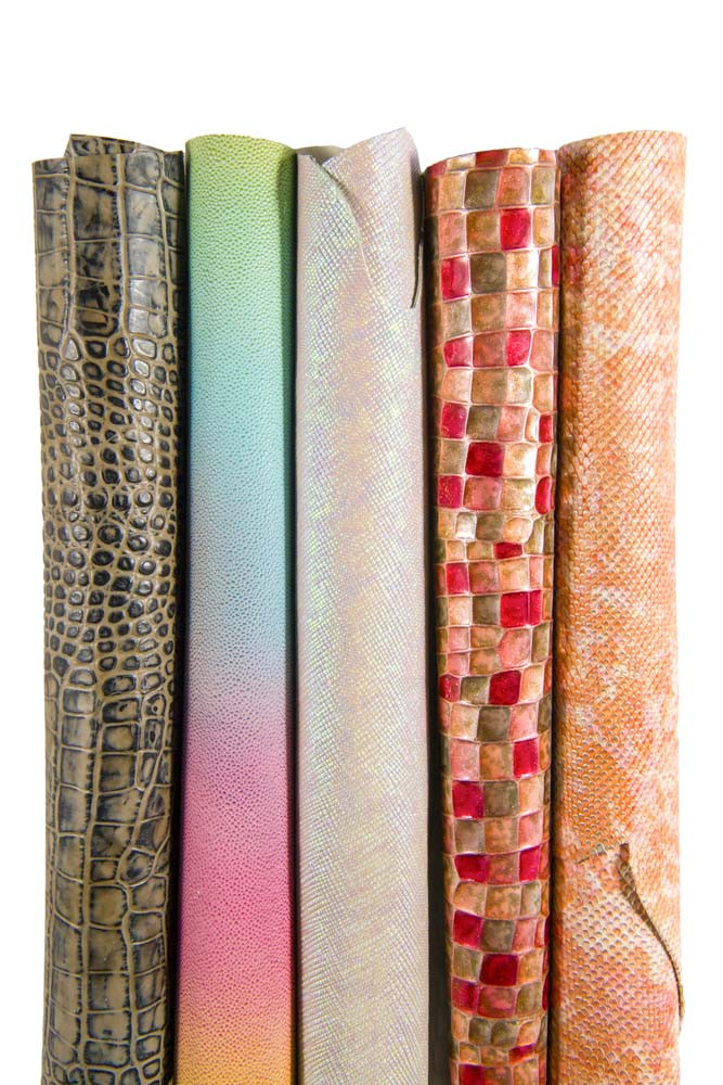 5 premium METALLIC printed leather pieces, colorful italian skins with animal and geometrical textured perfect for DIY projects