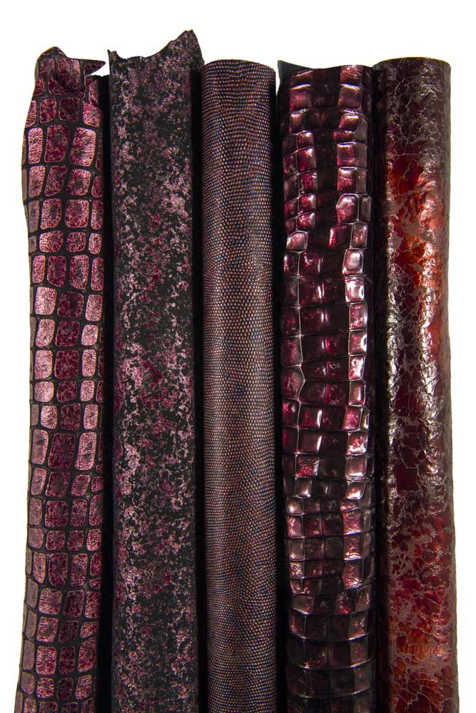 5 UNIQUE piece burgundy leather boundle, set of metallic and patent skins, crocodile ray, crackel prints as per picture