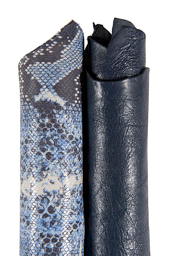 2 BLUE combined leather skins, set of 1 solid color sporty goatskin and python printed hide, as per picture