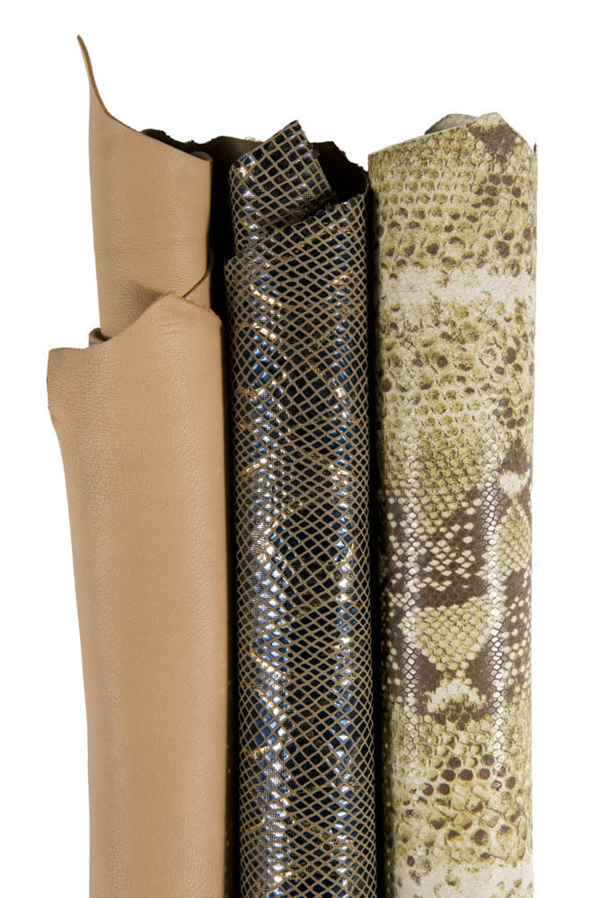 3 SELECTED matching leather skins as per picture, 2 reptile printed goatskins as 1 smooth nappa, for DIY creations