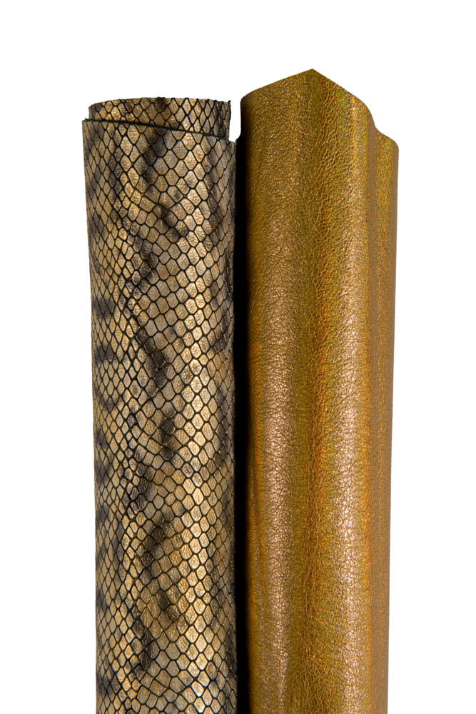 Boundle of 2 BRONZE gold leather skins, 1 animal python printed goatskin and 1 iridescent metallic nappa lambskin