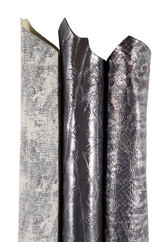 Assortment of GREY steelmetal leather skins, set of 3 sparkle printed goatskins as per picture, perfect for hobbyists