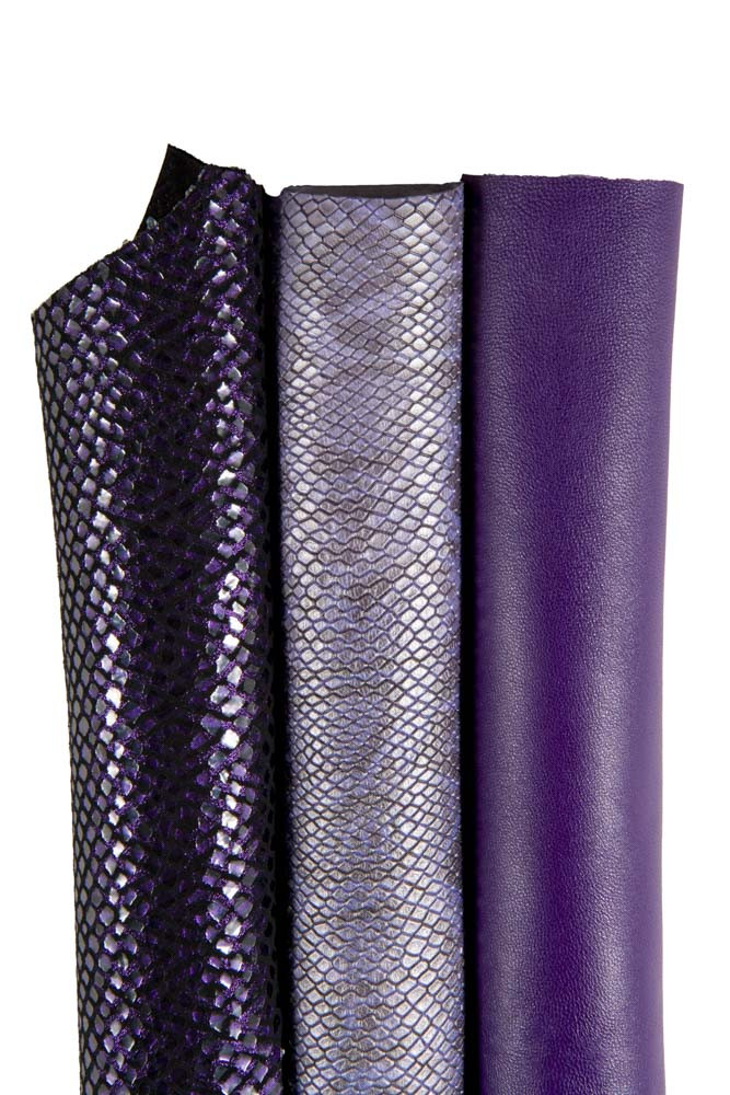 Assortment of PURPLE leather skins, 2 smooth metallic printed matching skins as per picture