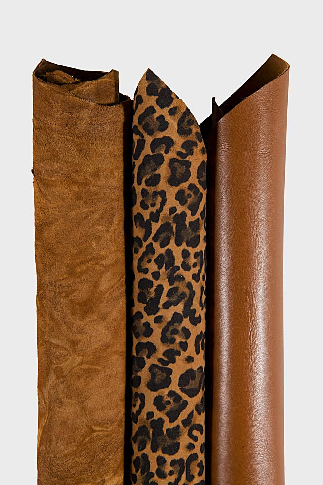 Set of 3 TAN leather skins, mix of brown smooth, wrinkled, leopard printed goatskis as per picture