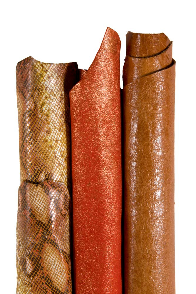 Boundle of MATCHING leather skins, orange tan tones, sporty goatskin and glitter metallic suede hide