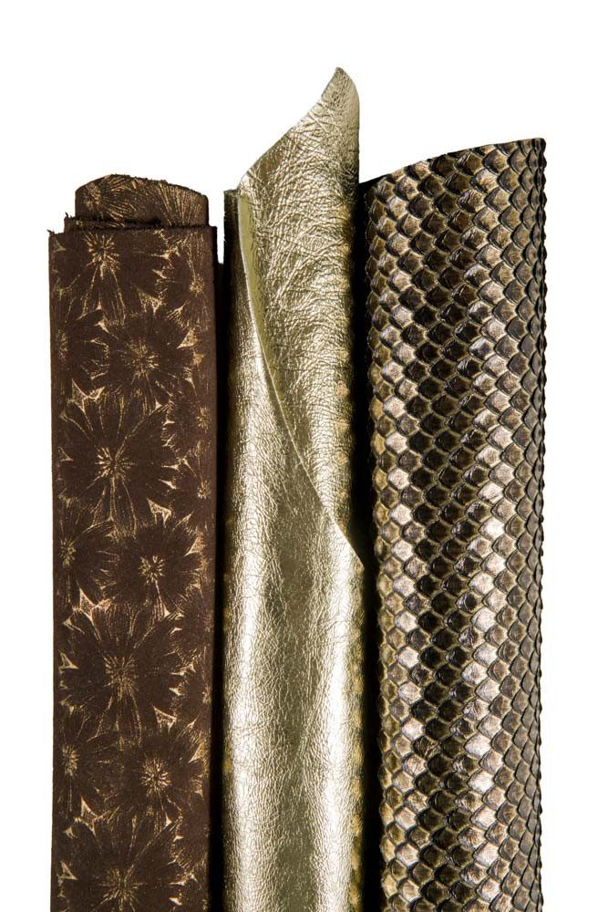 Boundle of 3 GOLD brown leather skins, assortment of metallic printed soft goatskins as per picture