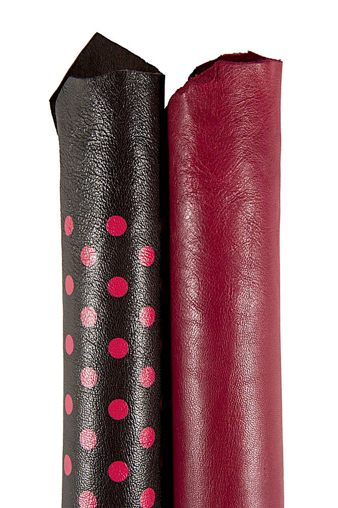 Polka DOTS leather skin and smooth nappa lambskin, set of 2 red black burgundy italian premium hides for diy PROJECTS