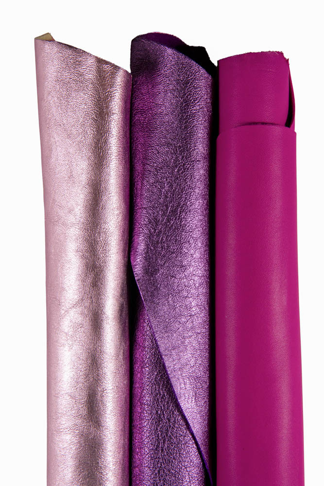 Mix of pink and PURPLE leather skin, assortment od 3 matching hides, 2 metallic goatskin and 1 smooth nappa as per picture