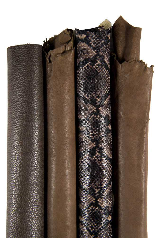 Mix of 4 BROWN leather hides, assortment of 2 sporty wrinkled goatskins, 1 pebble grain printed cowhide, 1 python textured skin