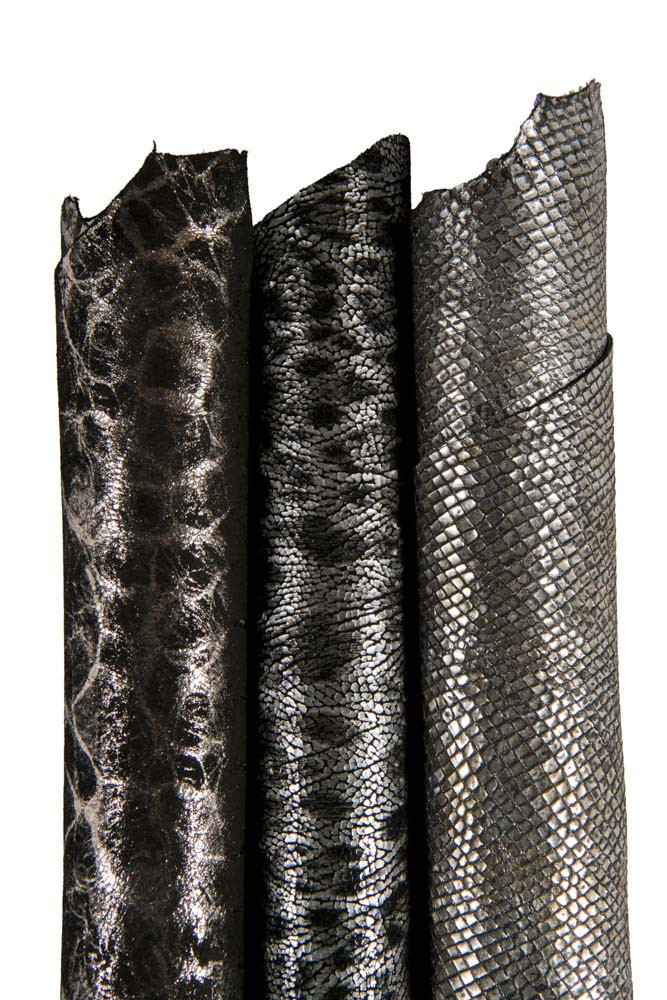 Boundle of 3 BLACK steelmetal printed leather skins, mix of metallic bright soft matching skins