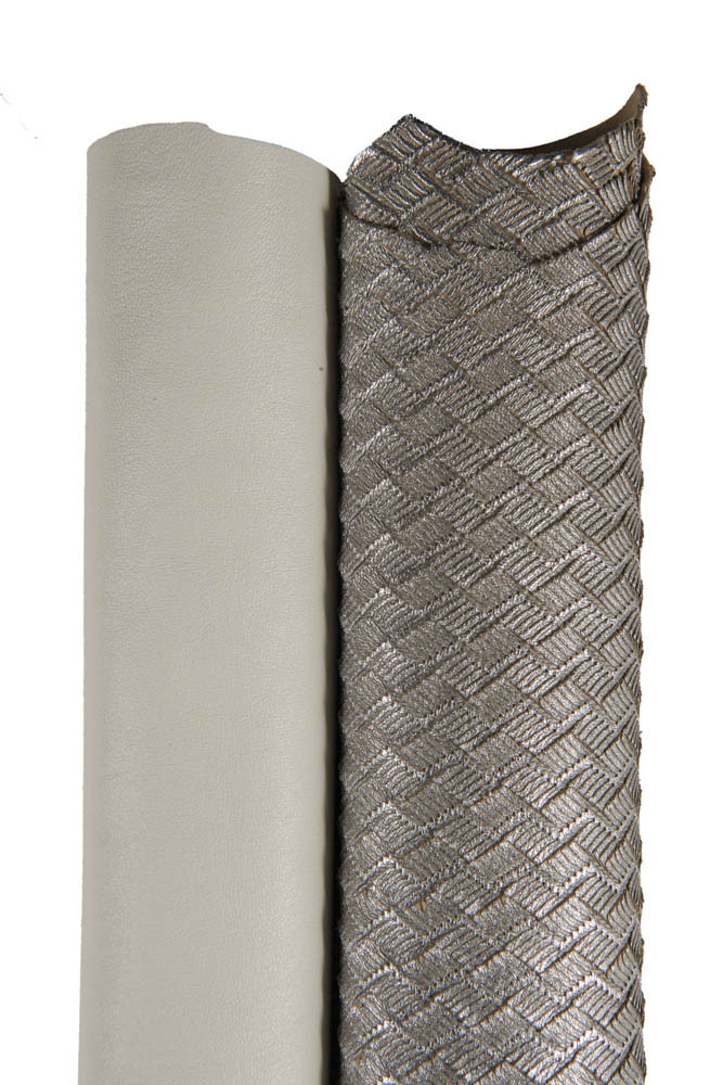 SELECTION of 2 grey steelmetal combined leather hides, 1 smooth nappa skin and 1 metallic printed goatskin for crafting