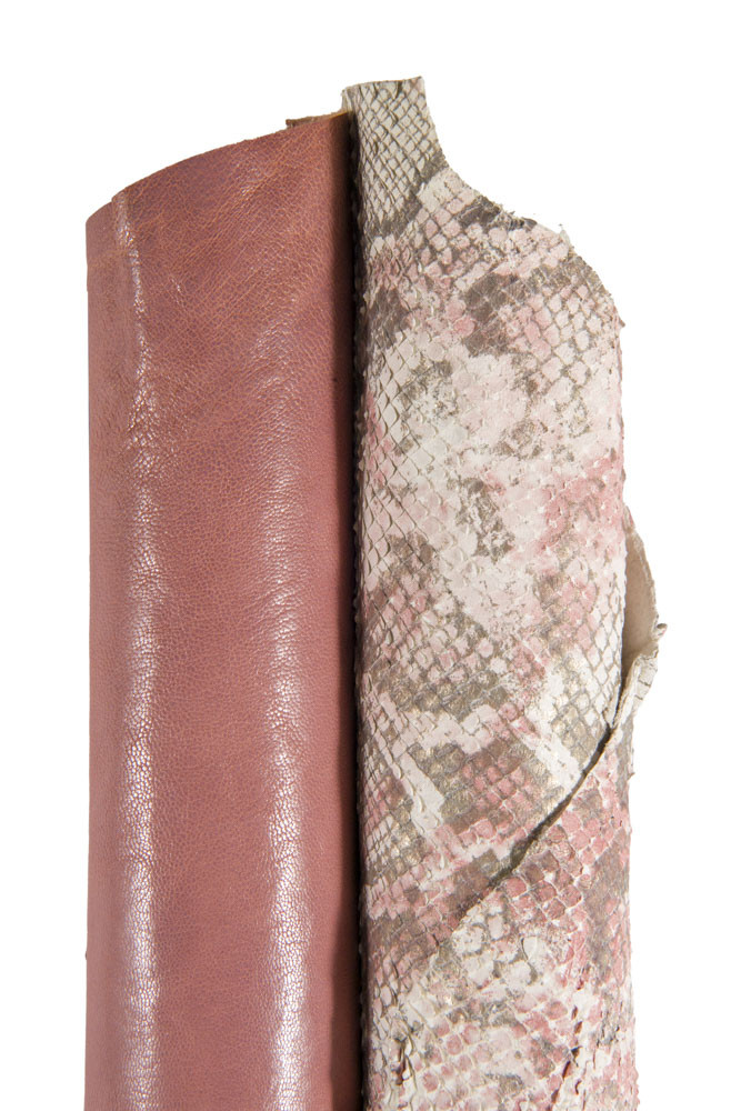 Unique PINK leather skins, boundke of top quality italian hides, glossy sporty goatskin and python printed skin as per picture