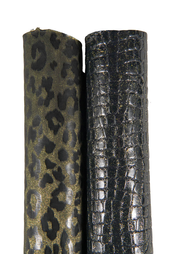 Pack of 2 BLACK gold glossy skins, set of animal printed skins, crocodile and leopard matching leathers