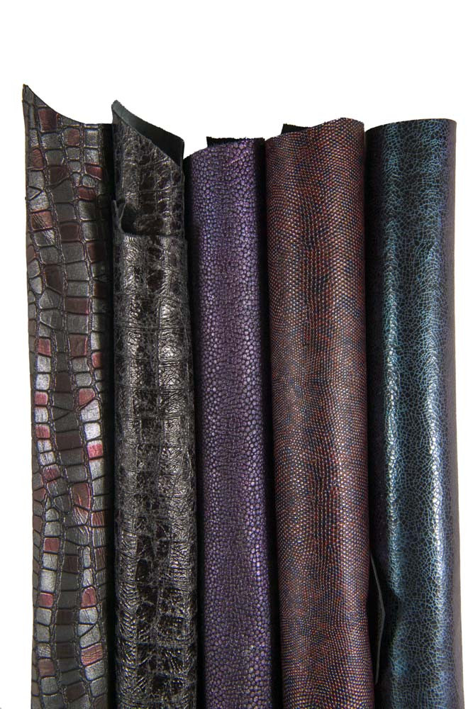 BOUNDLE of 5 small leather skins in winter colors, metallic printed matching skins, minimum size 19x13 inches/48x32 cm