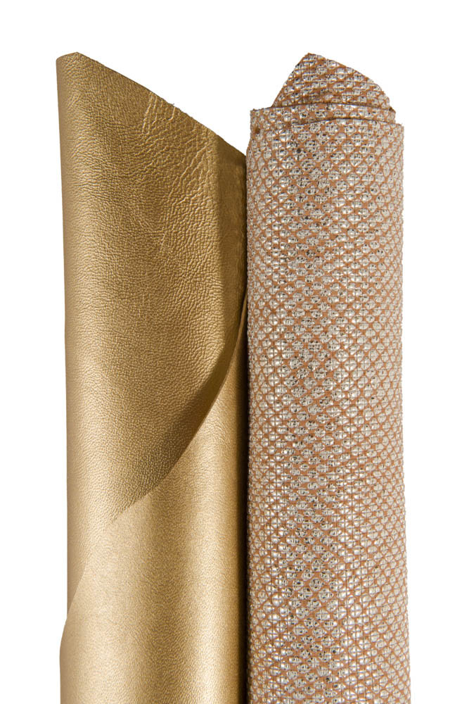 Set of 2 GOLD beige top quality leather skins, metallic printed soft goatskins, ideal for shoes, pochette e jewelleries