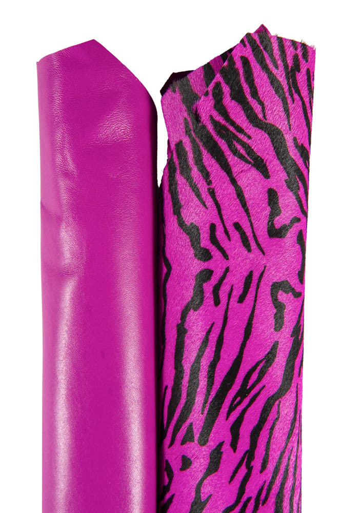 Set of FUCHSIA vibrant leathers boundle of 2 pieces, 1 zebra printed hair on leather hide, and 1 nappa lambskin for crafting