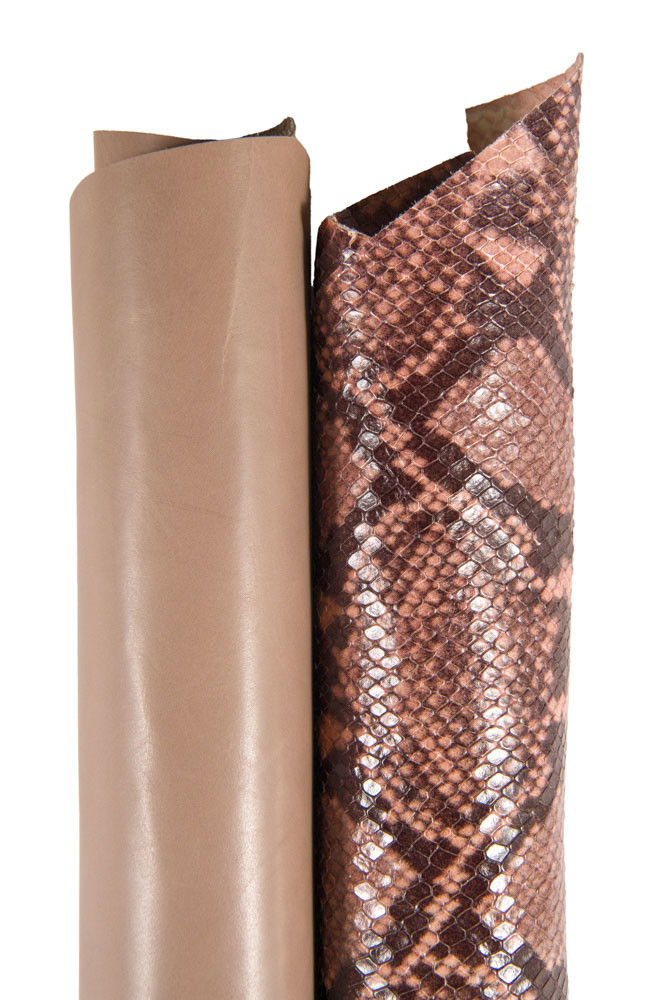 Boundle of 2 pink taupe MATCHING skins, smooth calfskin and python printed goatskin, perfect for crafting and DIY projects