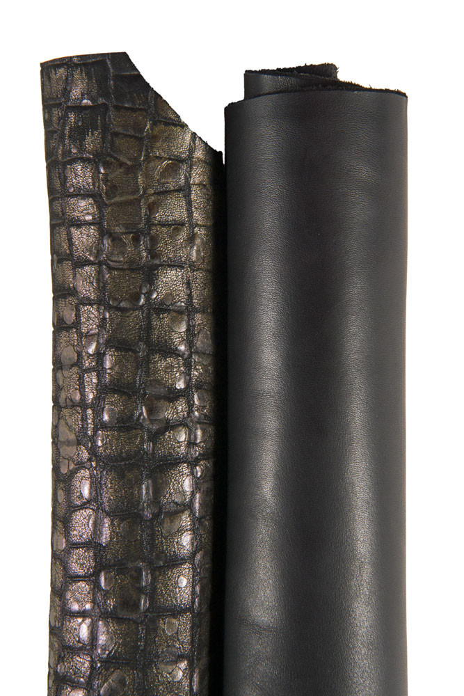 Assortment of 2 black BRONZE leather hides, 1 metallic iridescent crocodile printed cowhide, and 1 black smooth calfskin