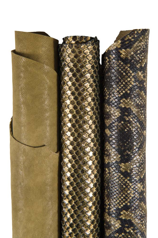 Assortment of 3 GOLD brown green leather skins, boundle of sporty, metallic, animal printed goatskins as per picture