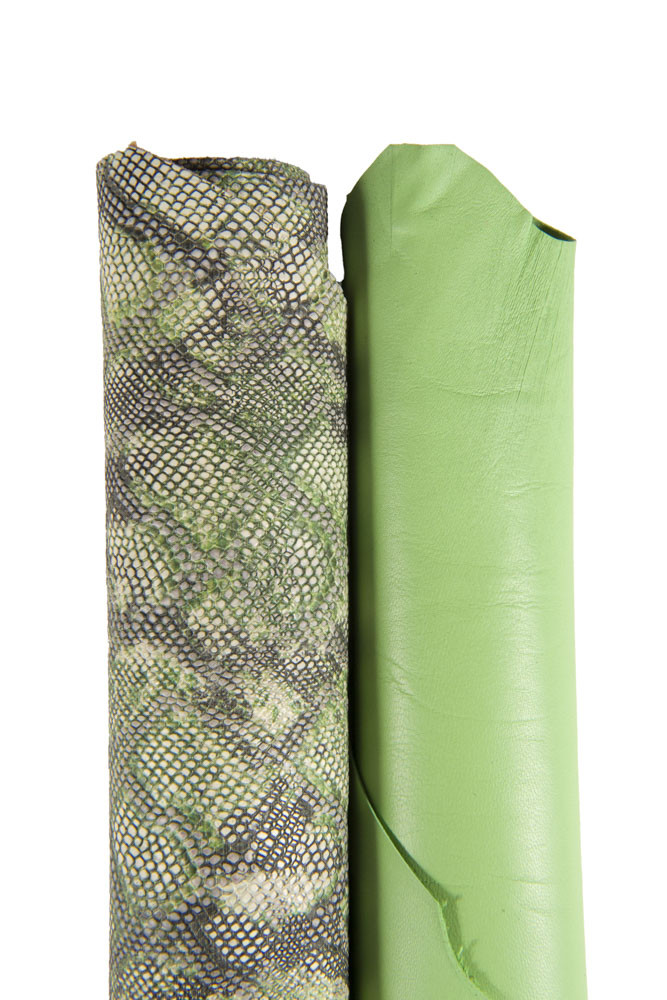 GREEN luxury leather boundle, 2 matching goatskins, 1 smooth sheepskin and python printed hides, top quality