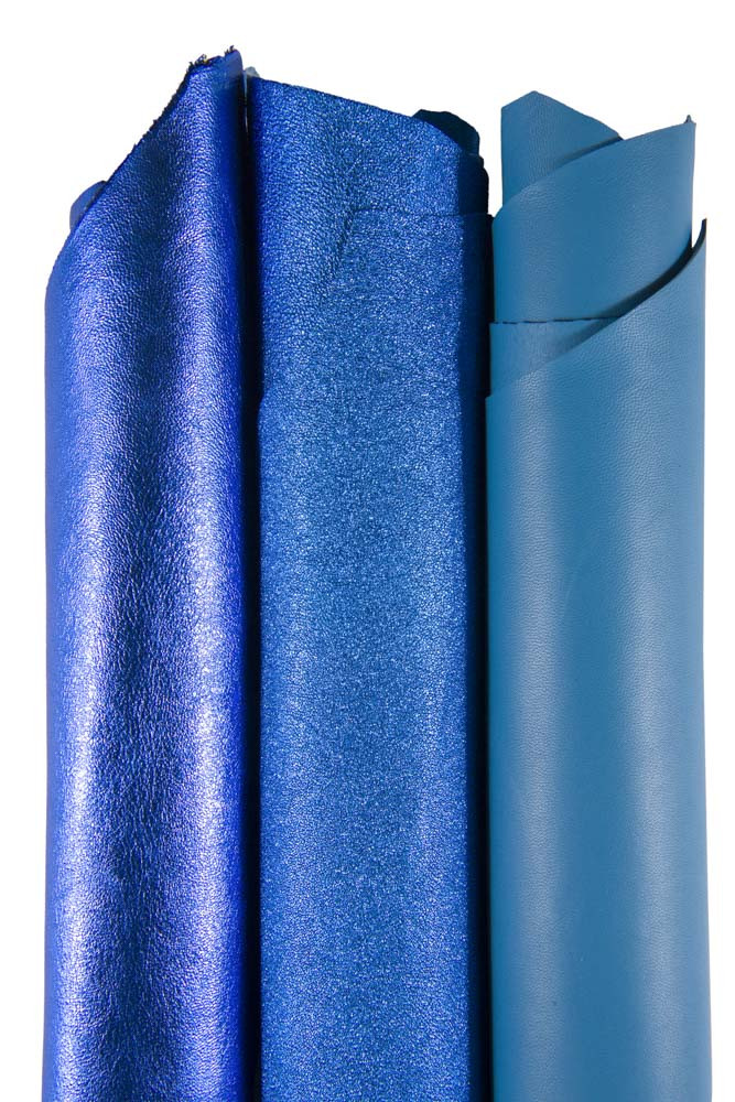 3 BLUE matching leather skins, bolundle of top quality italian hides, 2 metallic goatskins and 1 soft nappa lambskin