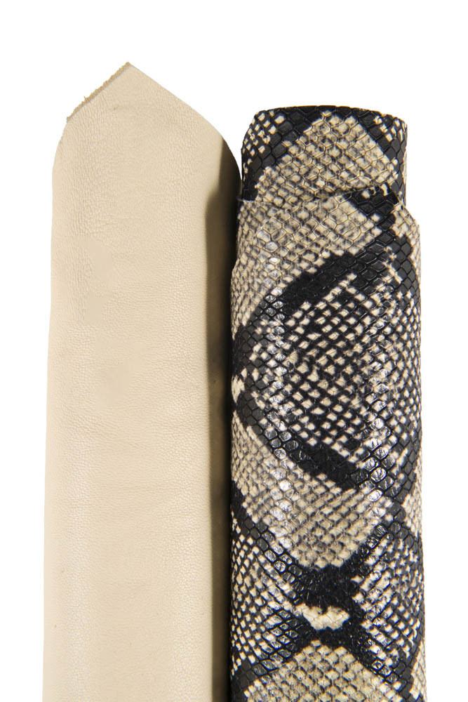 2 MATCHING skins for DIY projects, cream soft nappa and grey black printed calfskin, soft hides