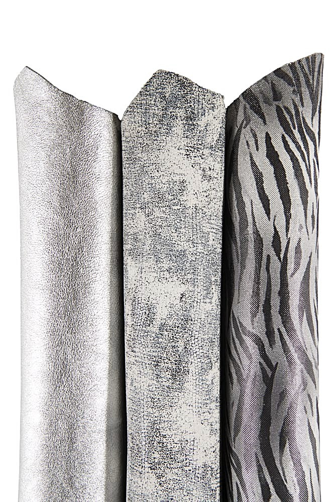 Boundle of 3 grey SILVER leather skins, luxurious metallic printed matching skins as per picture, for elegant projects