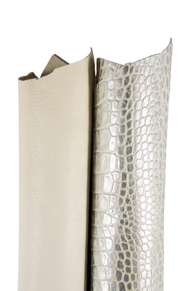 BOUNDLE of 2 matching skins, 1 milk white smooth sheepskin, and 1 silver metallic crocodile printed hide