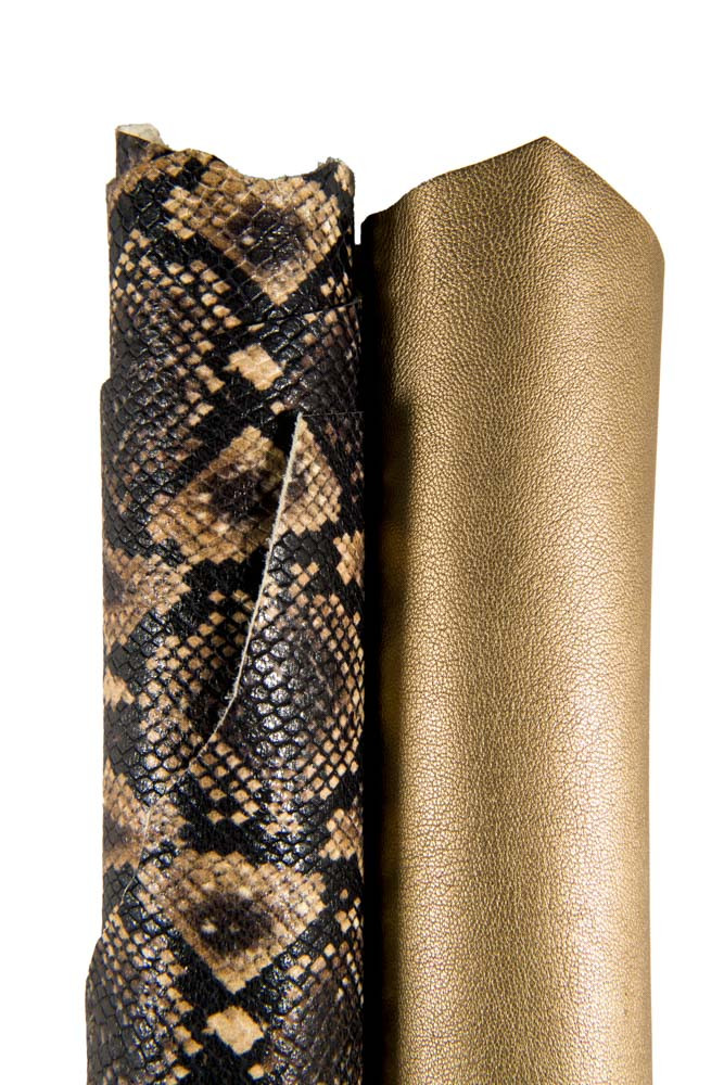 2 ASSORTED skins for crafting, 1 bronze metallic goatskin and brown black python printed hide