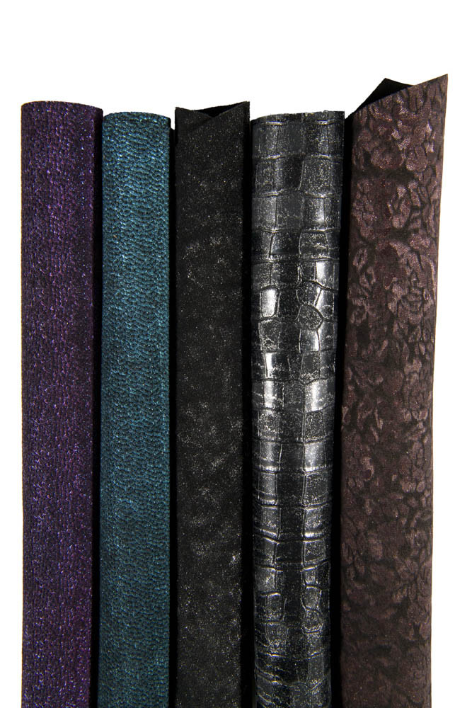 MIX of 5 black green purple small leather skins, assortment of metallic printed leather pieces, minimum size 16x14 inches