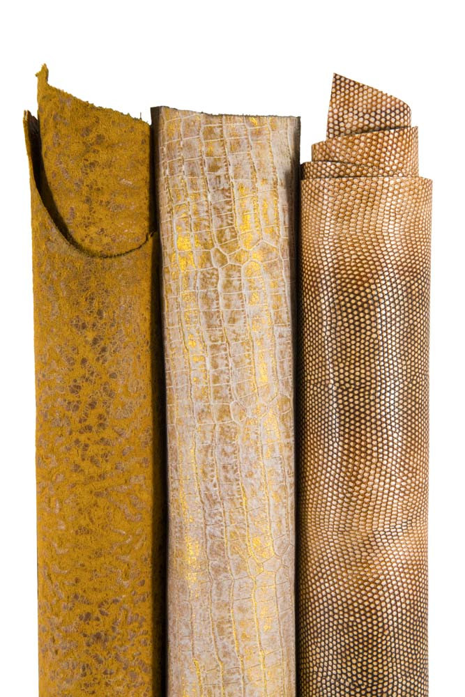 Boundle of 3 tan, BROWN, light gold leather skins, assortment of metallic printed matching goatskins as per picture