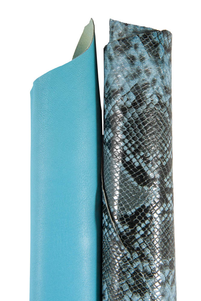 Pack of 2 light BLUE leather hides, python printed cowhide and smooth sheepskin, combined skins for crafting