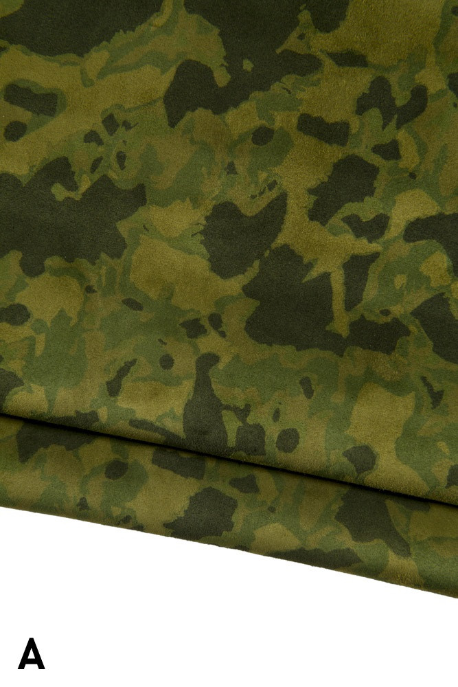 Pelle CAMOUFLAGE verde, pellame stampa mimetica scamosciata, camoscio stampato morbido, disponibile in 2 toni